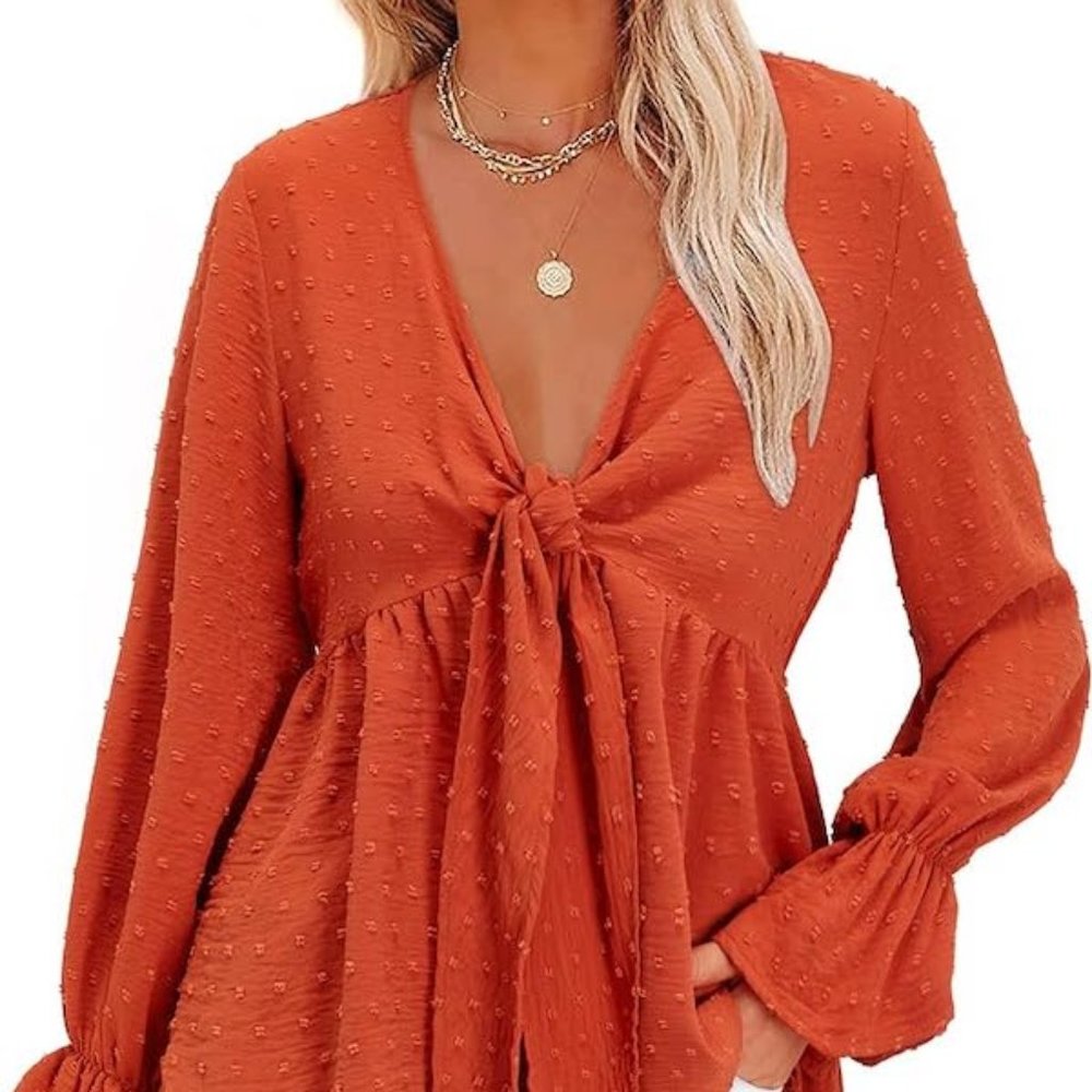 Women's Sexy V Neck Long Sleeve Blouses Tie Front Tops Boho Chiffon